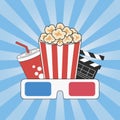 Cinema concept. Movie time. Poster design with popcorn, 3d glasses Royalty Free Stock Photo