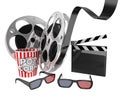 Cinema concept, pop corn, 3d glasses, film reel Royalty Free Stock Photo