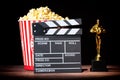 Cinema concept. Popcorn in a box, movie clapper and Hollywood Golden Oscar Academy award statue on wooden table under beam of Royalty Free Stock Photo