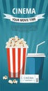 Cinema concept poster with popcorn bowl, drink and tickets isolated on blue background Royalty Free Stock Photo