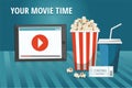 Cinema concept poster with tablet, popcorn bowl, drink and tickets Royalty Free Stock Photo