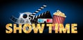 Cinema concept, showtime banner, poster design with popcorn, 3d glasses, film tape, clapperboard, vector illustration.