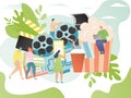 Cinema concept, tiny people cartoon characters, movie media industry symbols, vector illustration