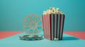 Cinema concept of vintage film reel with popcorn on blue background Royalty Free Stock Photo