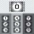 Cinema countdown numbers vector set. Retro timer frames to the start of old film. Vintage cinema film screen with circle sections Royalty Free Stock Photo