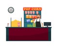 Cinema Counter Seller Selling Food. Vector Snacks