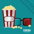 Cinema 3d glasses pop corn and filmstrip