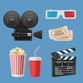 Cinema 3d icons. Movie camcorder clapperboards film tape and stereo glasses vector realistic objects isolated Royalty Free Stock Photo