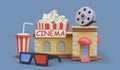 Cinema with 3D movie. Vector building, popcorn, drink with straw, anaglyph glasses Royalty Free Stock Photo