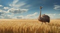 Cinema4d Render: Ostrich Grazing In Wheat Field Royalty Free Stock Photo