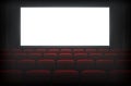 Cinema dark hall auditorium with red seats white empty screen realistic mock up template