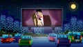 Cinema drive. Car movie theater. Auto night scene with video screen. Romantic film. Outdoor theatre. Outside love show