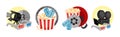 Cinema Elements with 3D Glasses, Popcorn, Reel and Camera Vector Composition Set