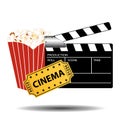 Cinema elements. Pop corn, clapper board and cinema ticket. Vector icons set.