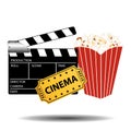 Cinema elements. Pop corn, clapper board and cinema ticket. Vector icons set.