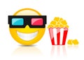 Cinema emoji with 3d glasses and popcorn, vector cartoon