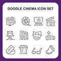 Cinema and entertainment icon set with hand drawn doodle style