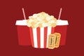 Cinema fast food vector illustration with popcorn, soft drinks and movie tickets.