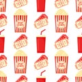 Cinema fast food vector seamless pattern background with popcorn, soft drinks and movie tickets.