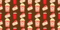 Cinema fast food vector seamless pattern background with popcorn, soft drinks and movie tickets.
