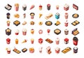 Cinema fastfood isometric vector set. Movie watching junk meals Ice cream popcorn burger soda meat rings coffee mousse