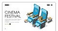 Cinema festival banner, movie chairs with popcorn