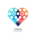 Cinema festival logo, icon, emblem design. Overlapping film reel and filmstrip in heart shape. Video like symbol