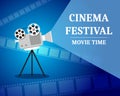Cinema Festival. Movie time invitation poster with film projector
