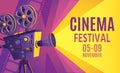 Cinema festival poster. Film billboard, retro movie camera and cinema projector cartoon vector illustration Royalty Free Stock Photo