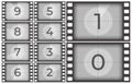 Cinema film countdown. Old movie films strip frame, vintage intro screen counting numbers or retro timer frames vector Royalty Free Stock Photo