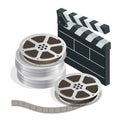 Cinema with film movie tape disks in boxes and directors clapper for film making. Flat 3d isometric Vector Illustration.