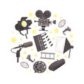 Cinema, Film Production, Cinematography Industry Attributes of Circular Shape Flat Vector Illustration