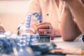 Cinema film reel on a cutting table: Filmmaker is working with vintage film strip Royalty Free Stock Photo