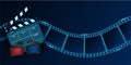 Cinema Film Strip wave, 3d cinema glasses and clapper board. 3d movie flyer or poster isolated on blue background Royalty Free Stock Photo