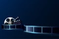 Cinema film strip wave, film reel and clapper board isolated on blue background. 3d Movie and film cinema festival Royalty Free Stock Photo