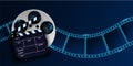 Cinema Film Strip wave, film reel and clapper board isolated on blue background. 3d movie flyer or poster with place for your text Royalty Free Stock Photo