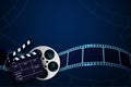 Cinema Film Strip wave, film reel and clapper board isolated on blue background. 3d movie flyer or poster with place for your text Royalty Free Stock Photo