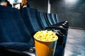 Cinema first row, blue seats Royalty Free Stock Photo