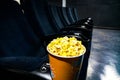 Cinema first row, dark blue seats Royalty Free Stock Photo