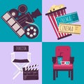 Cinema flat hand drawn cartoon composition set