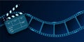 Cinema Flyer Or Poster with Film Strip wave and Clapper Board. 3d movie art blank isolated on blue background. Template For Your