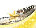 Cinema golden border background with retro filmstrip, clapper and star