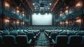 Cinema Hall with Blue Seats and Blank White Screen - AI Generated Royalty Free Stock Photo