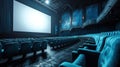 Cinema Hall with Blue Seats and Blank White Screen. - AI Generated Royalty Free Stock Photo