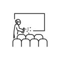 Cinema hall disinfection black line icon. Cleaning service. Worker in protective suit with disinfector sprayer. Pictogram for web