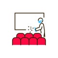 Cinema hall disinfection color line icon. Cleaning service. Worker in protective suit with disinfector sprayer. Pictogram for web