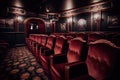 Cinema hall empty and comfortable seats, movie theater chairs. Generative Ai Royalty Free Stock Photo