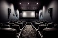 Cinema hall empty and comfortable seats and screen, movie theater chairs. Generative Ai Royalty Free Stock Photo