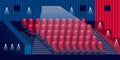 Cinema hall interior. Empty red armchairs rows in dark theater. Vectorillustration. Movie or concert selling tickets Royalty Free Stock Photo