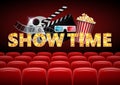 Cinema hall with red seats, showtime, poster design with popcorn, 3d glasses, film tape, clapperboard, vector